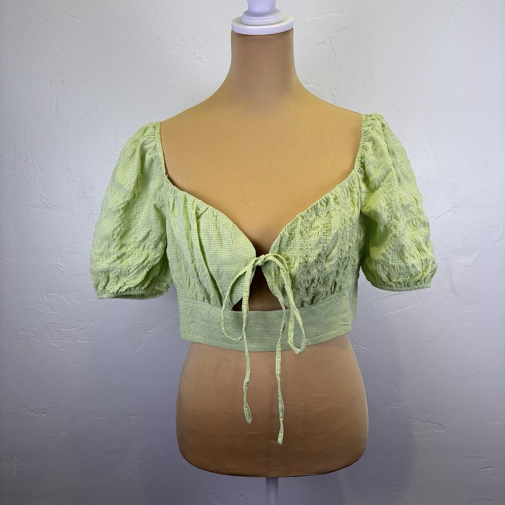 Beivy Woman's Smocked‎ Crop Top Size L Green Checked Peasant Milk maid Bohemain